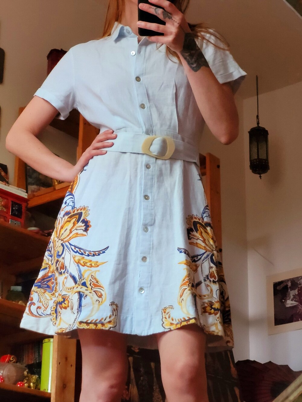 Joie Light Blue Short Sleeve Midi Shirt Floral Print Dress - Linen Blend - Xs